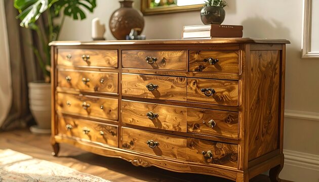 Wooden dresser with multiple drawers. A vase, plants, and a small mirror adorn its surface. Light streams in from the side