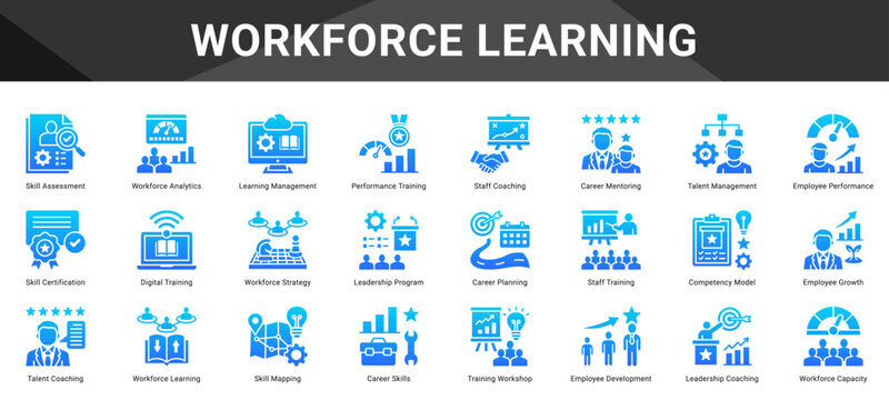WORKFORCE LEARNING  Icon set collection. Vector icon pack featuring thematic icons for your presentations or business.