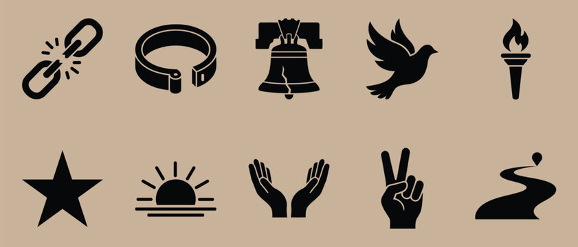 Collection of various black icons on brown background including chain link handcuff liberty bell dove torch star sun hands peace sign and winding road