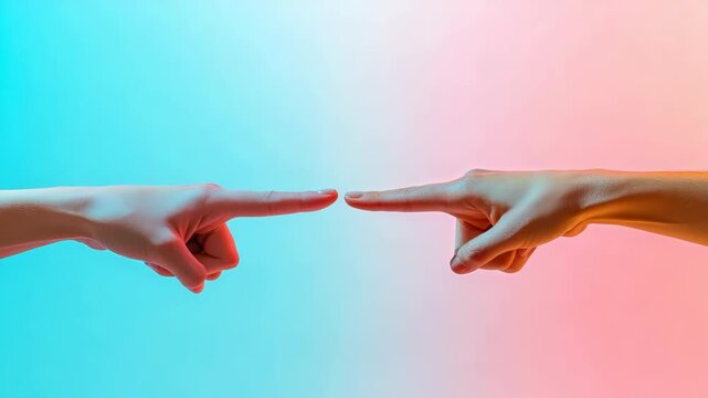 A colorful digital art tablet of two hands pointing at each other with a vibrant rainbow background.