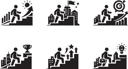 Obraz premium Personal development concepts. Person Walking Up Stairs Vector Icon Set Symbol of progress, growth, and achievement in an urban environment, perfect for business, success silhouette vector