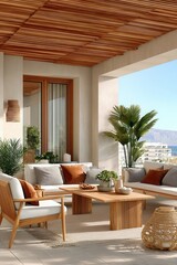 Obraz premium Sunny wooden terrace with modern outdoor furniture, cozy seating and coastal views for relaxing gatherings