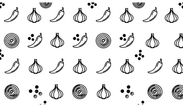 Spicy food seamless pattern chili garlic onion pepper minimalist line art vector