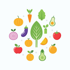 Fototapeta premium Colorful collection of various fresh vegetables and fruits in a circular composition