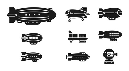 9 Airship silhouette icons dirigible blimp zeppelin aircraft, solid black style, aviation transport set © Sizan