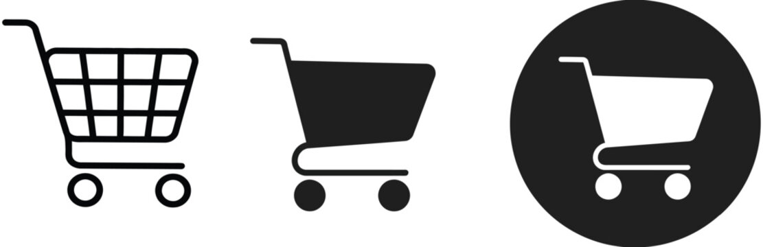 Shopping cart and trolley icon set, empty and filled cart symbols, retail and sale concept icons, clean vector illustration for mobile apps, e-commerce platforms, and digital shopping interfaces.

