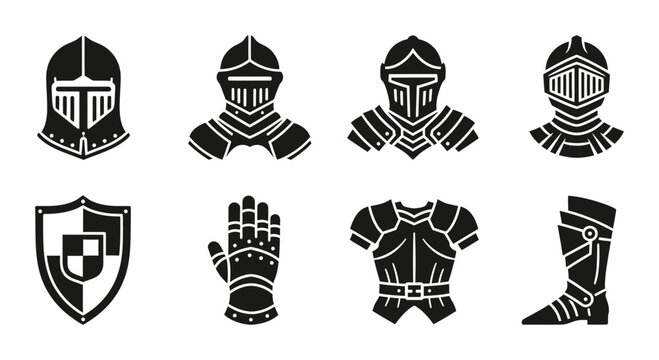 8 Knight Armor silhouette icons helmet shield gauntlet chestplate, solid black style, medieval history