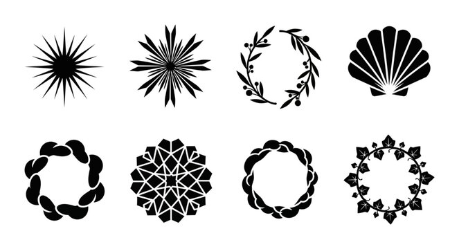 8 Nature silhouette icons sun flower laurel seashell wreath, solid black style, organic decoration set