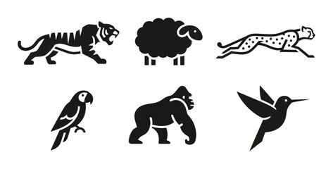 6 Wild Animal silhouette icons tiger sheep cheetah parrot gorilla hummingbird, solid black style, zoo fauna © Sijan