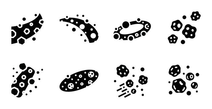 8 Asteroid silhouette icons meteor comet belt, solid black style, space astronomy science set