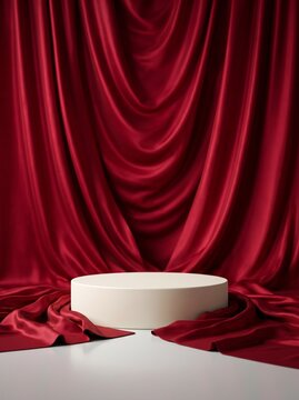 Elegant cream cylindrical pedestal surrounded by flowing deep red satin fabric drapery creating a luxurious display stage