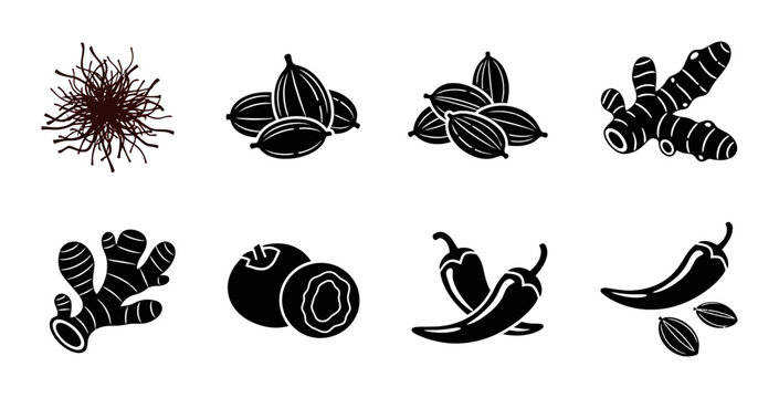 8 Spices silhouette icons ginger chili cardamom turmeric saffron, solid black style, food cooking