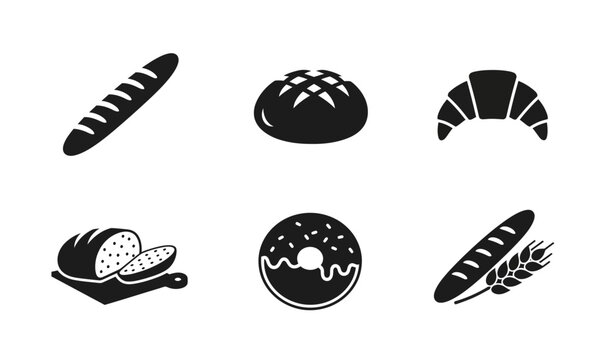6 Bakery silhouette icons baguette croissant donut wheat, solid black style, food pastry shop set