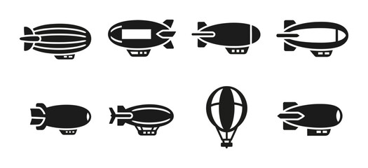 8 Airship Silhouette Icons Zeppelins Blimps Hot Air Balloon, Solid Black Style, Aviation Transport © Sijan