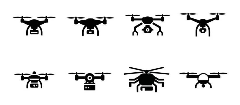 8 Drone silhouette icons quadcopters with cameras, solid black style, logistics and technology set