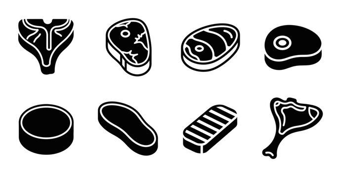 8 Meat silhouette icons steak beef pork ribs, solid black style, food restaurant butchery set