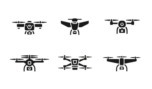 6 Drone silhouette icons camera quadcopter propellers, solid black style, technology aviation set