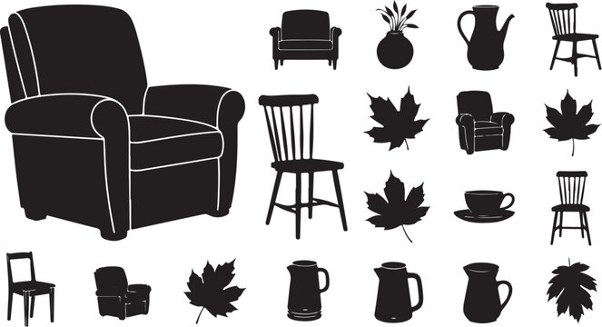Home furniture and autumn leaves silhouette collection