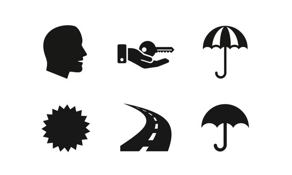 6 Insurance silhouette icons umbrella key road head star, solid black style, business protection set