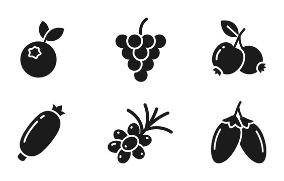 6 Berry silhouette icons blueberry grape cranberry honeysuckle sea buckthorn goji, solid black style, food set