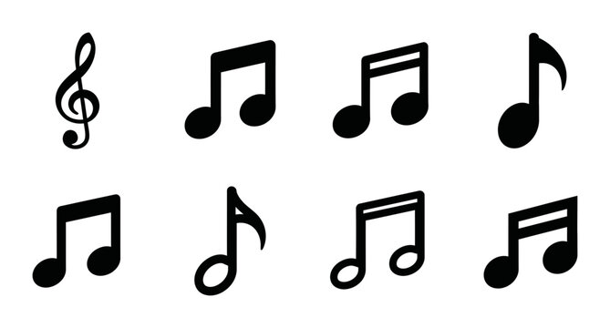 8 Music Note silhouette icons treble clef eighth sixteenth, solid black style, hobbies entertainment