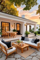 Fototapeta premium Outdoor patio with modern wooden furniture, dining table and cozy lounge at sunset