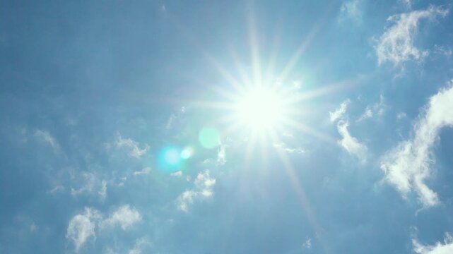 Beautiful sunny pure azure sky shining sun close-up and some white clouds, clear blue sky in sunlight sun rays sunbeams daylight sunshine, Aerial View, Air Plane Window View Time Lapse Slow Motion 4K.