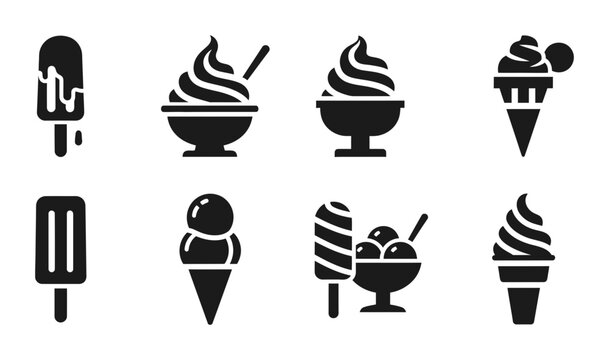 8 Ice Cream silhouette icons popsicle cone bowl sundae, solid black style, food dessert set