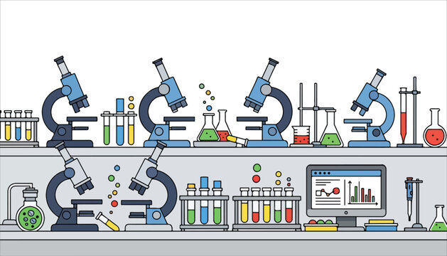 A detailed illustration of a modern science laboratory with multiple microscopes, test tubes, beakers, and a computer for research and analysis.