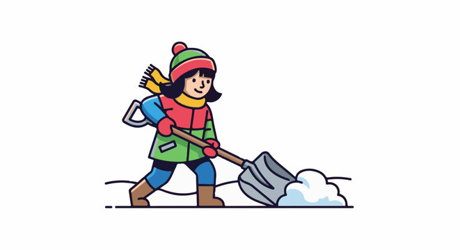 Cartoon character shovels snow, bundled in winter clothes