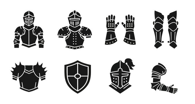8 Knight Armor silhouette icons helmet shield gauntlet, solid black style, medieval history set