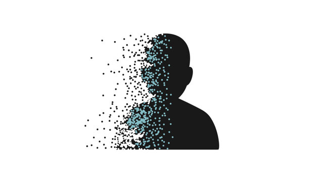 Digital illustration of a man's silhouette dissolving into pixels.
