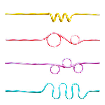 Colorful bent drinking straws set, isolated on cutout transparent background