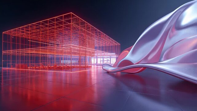 Red glowing wireframe building structure next to shiny flowing metallic fabric with sense of motion text on glossy reflective surface