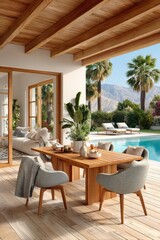 Fototapeta premium Outdoor wooden dining table and chairs on a sunny poolside patio with palms and mountain view