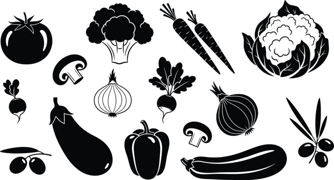 Vegetable silhouette collection a black and white botanical illustration