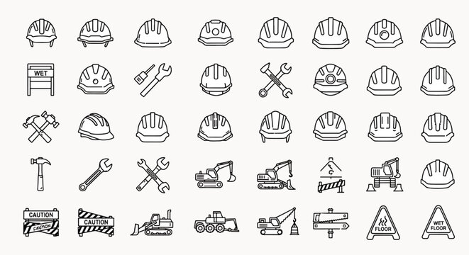 Construction industry icons set with helmets, tools, machinery, and safety signs on a white background, vector illustration