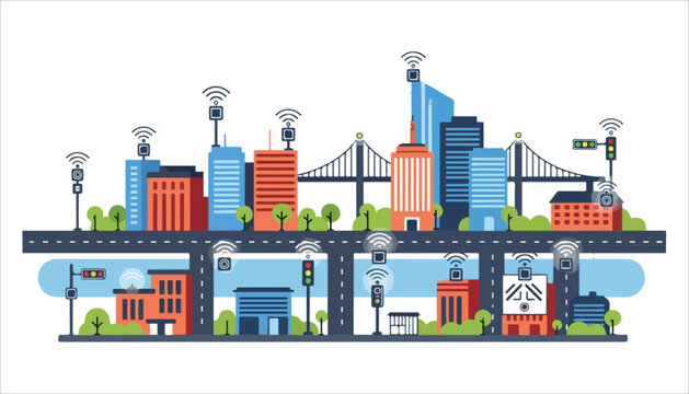 An illustration of a modern smart city with interconnected buildings, roads, bridges, and numerous wireless communication antennas.