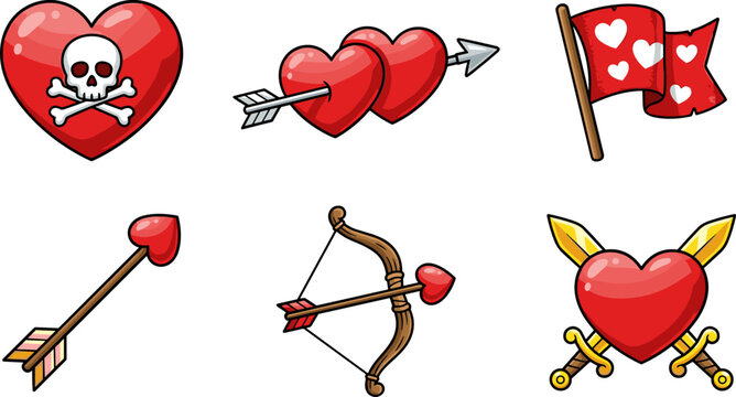 Edgy Valentine's Day Heart Icon Set Featuring Cupid's Bow Arrow Skull Heart and Crossed Swords for Gaming Assets Romantic Rebellion and Alternative Holiday Graphic Designs