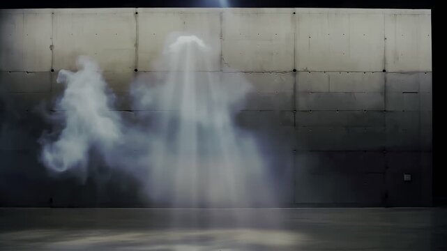 Ethereal ghostly apparition emerging from smoke against a textured concrete wall in a dark room