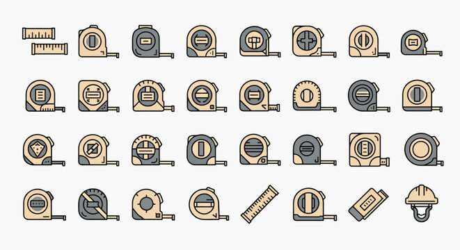 Collection of various measuring tape icons and tools in a flat design style, illustrating precision and measurement tools