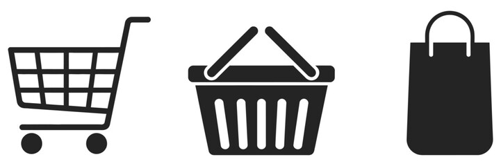 Black shopping cart icon set, shopping basket and shopping bag symbols, retail and purchase concept icons, clean vector design isolated on white background for e-commerce platforms, mobile apps, and © MD REZAUL 1