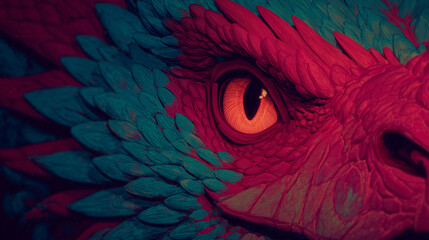 Obraz premium Close up of red asian dragon eye with textured scales and glowing reflections creating powerful mythological creature portrait inspired by eastern folklore and traditional legends