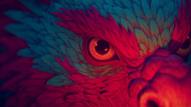 Close up of red asian dragon eye with textured scales and glowing reflections creating powerful mythological creature portrait inspired by eastern folklore and traditional legends