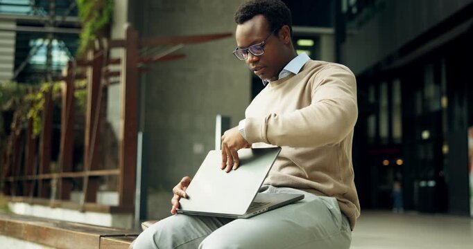 Start, business or black man with laptop in city, property listing post or draft resident description. Begin, typing and realtor with housing market research, computer and upload open house schedule