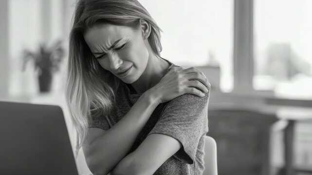 Woman with a shoulder injury looking at laptop screen in an office environment. She appears to be experiencing discomfort and pain, likely from overuse or strain.