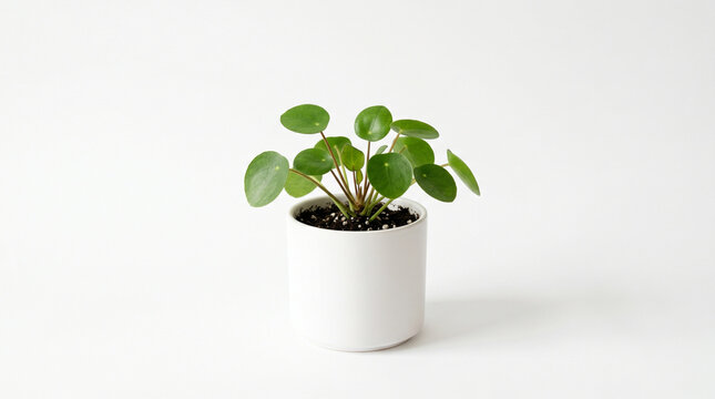 Small pilea peperomioides plant in a white pot isolated on a white background high-quality professional detailed modern elegant stylish clean