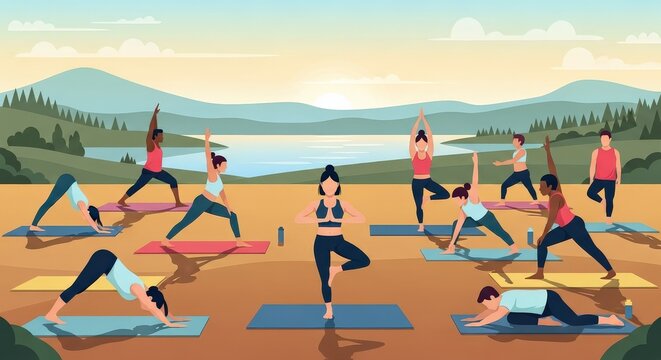 a group of people doing yoga on colorful mats outdoors by a lake outdoor yoga group fitness yoga cla