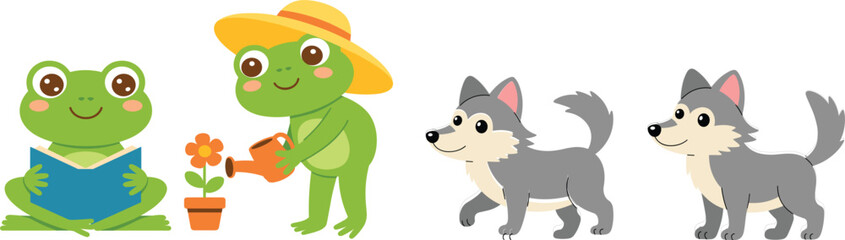 Obraz premium Cute Frog and Wolf Cartoon Vector Set with Funny Animal Characters Including Reading Gardening and Walking Poses for Kids Nature Illustration Design