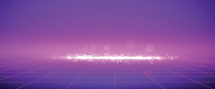 Glowing neon wireframe background. Purple shining checkered grid planes in perspective. Bright retro futuristic horizon wallpaper. Arcade game sci fi matrix surface. Vector backdrop for poster, banner
